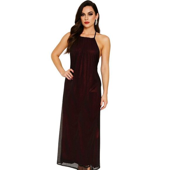 Vintage 90s Y2K Windsor Deep Red Black Mesh Overlay Side Slit Halter Maxi Dress - Picture 1 of 10